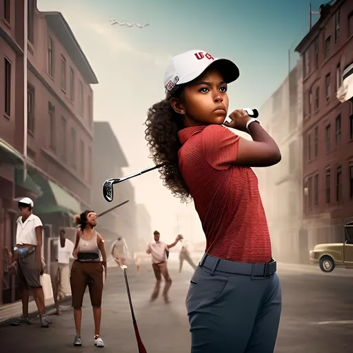 Prompt: CREATE A hyperrealistic UBRAN style movie poster BROWN SKINNED  female golfer with BROWN EYES big Curley hair WEARING HAT HITTING A GOLF BALL INTO AN URBAN NEIGHBORHOOD WITH RED BRICK TENEMENT BUILDINGS AND small stray  DOGS on the STREET, TONS OF people WATCHING in awe 


