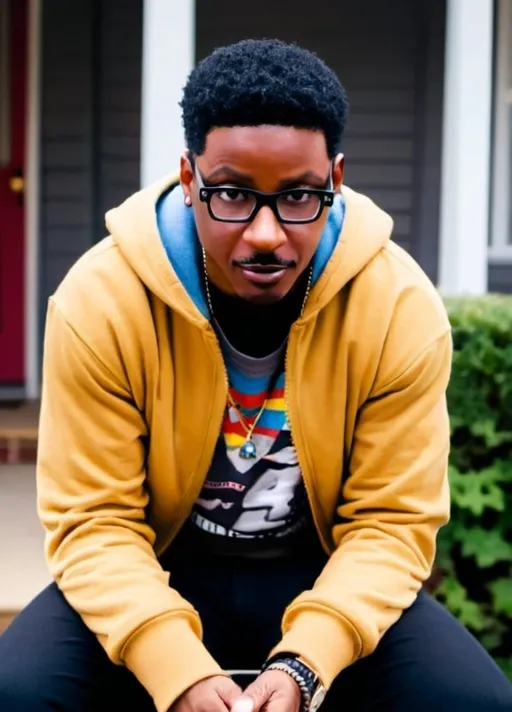 Prompt: Christopher "Play" Martin from Kid N Play sitting on the front porch of a house with the house in the background on a sunny day with a hoodie, smile on his face, wide shot