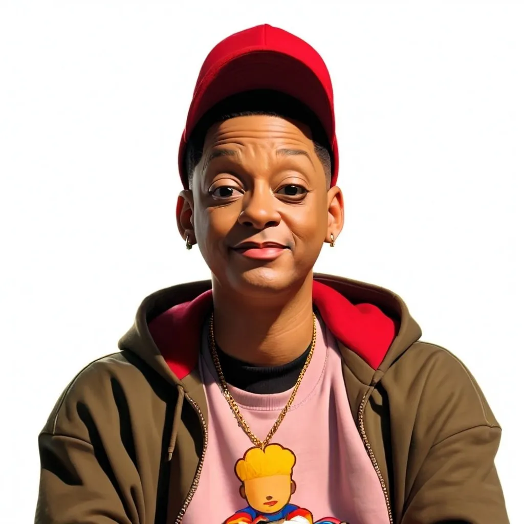 Prompt: Christopher "Kid" Reid from Kid N Play sitting on the front porch of a house with the house in the background on a sunny day with a hoodie, wide shot