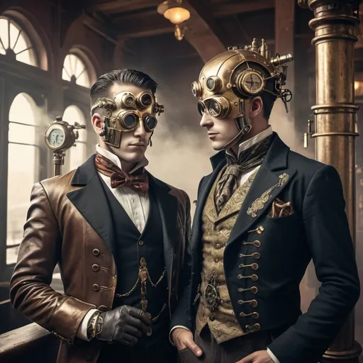 Prompt: imagen de dos androides de dos hombres, mirándose frente a frente en actitud romántica, acariciándole la cara uno de ellos al otro; estética steam punk, es decir, rodeados de una escena con edificios de estilo victoriano; todo ello con luz dorada, tonos dorados y cobrizos