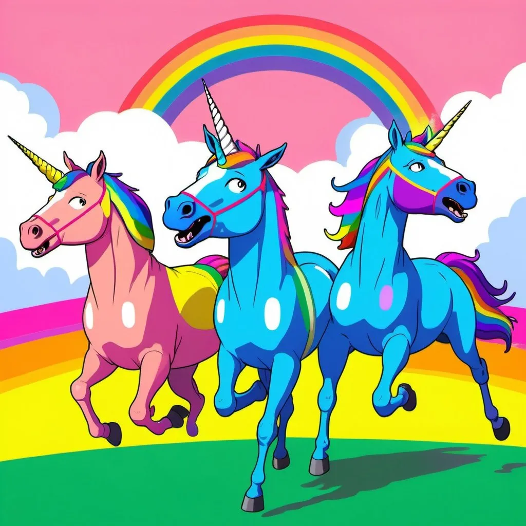 Prompt: THREE UNICORNS VERY SIMILAR TO BOJACK HORSEMAN ARE WEARING HEADPHONES AS THEY RUN ON THE RAINBOW