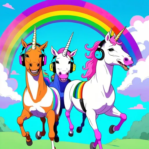 Prompt: THREE UNICORNS VERY SIMILAR TO BOJACK HORSEMAN ARE WEARING HEADPHONES AS THEY RUN ON THE RAINBOW. THEY WEAR HEADPHONES. THEY WEAR HEADPHONES.