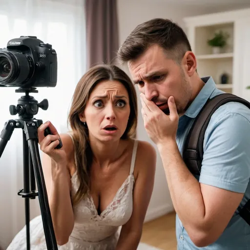 Prompt: A male  photographer having issues with his female wife at home after coming late from work don't place the camera on there face