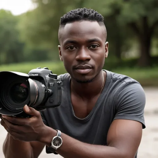 Prompt: A dark skin male photographer shooting on a location include the model 