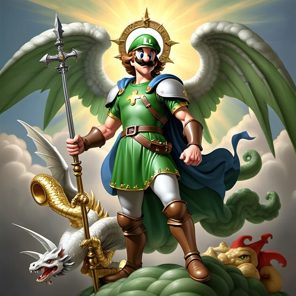 Prompt: Hi, can you do a mash up: depicting Luigi the Plumber as saint Michael the archangel slaying the dragon.  Please do it in a Renaissance style.  Also please make sure its Luigi with the L hat that is green.  Thanks