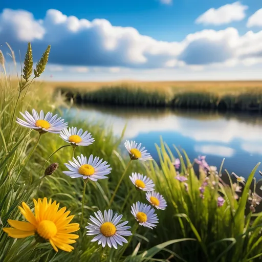 Prompt: pretty close up flowers with pretty grass and sky with clouds and tiny birds in the distance shinny rivers