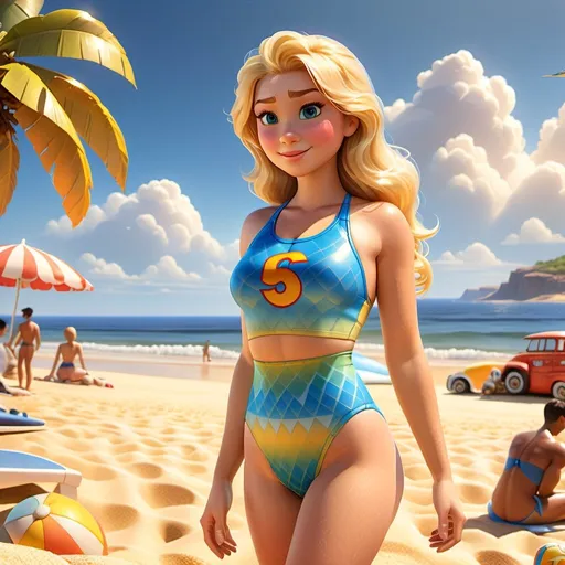 Prompt: Chiseled bodacious blonde woman in a thin two piece swimsuit, Posterior showing, wedgie, bum showing, photorealism, sandy beach, blue sky, Anthony Palumbo, fantasy art, comic book, beach setting, detailed facial features, photorealistic rendering, beach scene, high quality, photorealism, detailed anatomy, realistic lighting, professional art, sandy environment, vibrant colors, detailed shadows, comic book panel, realistic skin texture, beach landscape, perfect physique, sunny day, realistic water reflections