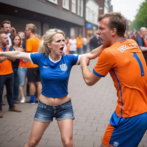 Prompt: dutch male soccer fan and english  female soccer fan fighting