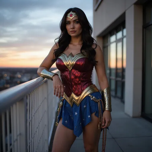 Prompt: "Create a highly detailed and realistic photograph of a woman dressed as Wonder Woman, standing outdoors on a balcony or walkway during dusk. She is leaning casually against a white metal railing with one hand, her body slightly turned to the side. The Wonder Woman costume is intricate, featuring a red and gold chest plate with a 'W' emblem, a blue skirt with a textured, scale-like pattern and white stars on the front flap, gold arm cuffs, a gold tiara with a red star, and a lasso of truth hanging from her waist. The skirt must be an exact replica of the one in the reference image, with the same blue color, scale-like texture, and white star pattern on the front flap. She has long, wavy dark hair, and her face is highly detailed, showcasing realistic facial features with a confident and serene expression, including sharp eyes, defined cheekbones, and a natural complexion.
The background includes a modern building with glass and concrete, and the sky is a soft gradient of blue and orange, indicating sunset. The lighting is warm and dramatic, casting soft shadows. Do not include any autograph or watermark in the image."