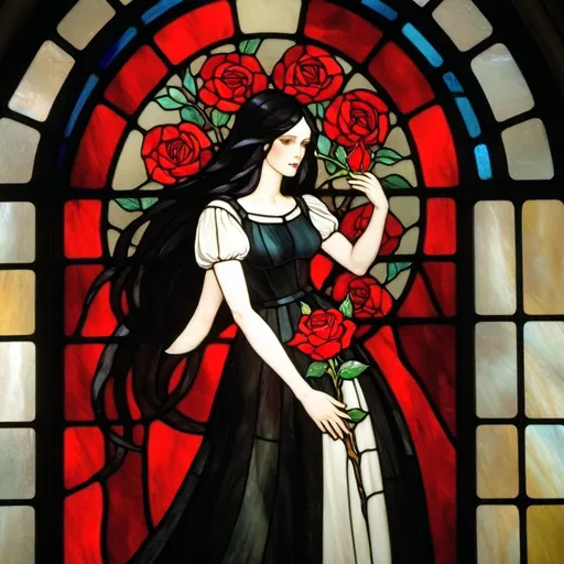 Prompt: womanl, long black hair, red eyes, white skin, black dress, holding a scarlet rose