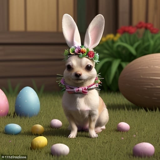 Prompt: Imagine Cheddariniii, the charming Chihuahua, immersed in the festive atmosphere of Easter. While exploring the garden in search of chocolate eggs, he encounters a little Easter bunny who seems lost. Write a story describing the encounter between Cheddariniii and the bunny, and how they together experience an unforgettable Easter adventure.