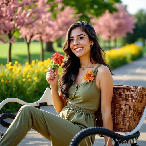 Prompt: A young woman, @qQVIuyWaNhazdrDaSDoE, rides a vintage bicycle along a sunlit path lined with blooming wildflowers. She has a joyful expression, her hair flowing freely in the breeze. The bicycle features a wicker basket filled with fresh flowers, adding a touch of charm. The scene is set in a lush green park, with dappled sunlight filtering through the trees, casting playful shadows on the ground. The camera captures a mid-action shot, emphasizing her movement as she pedals forward, with a slight tilt to convey the sense of speed and freedom. The atmosphere is vibrant and cheerful, evoking a perfect spring day.