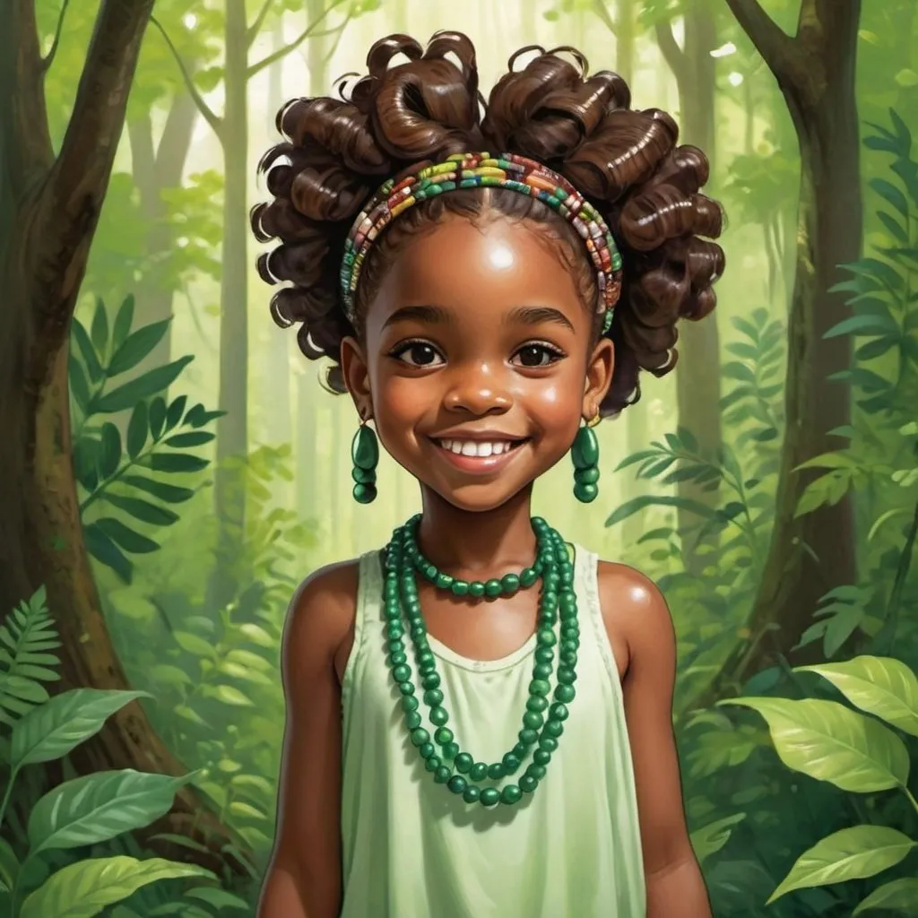 Prompt: full body illustration of an african american girl child with beads in her hair, smiling, in a lush green forest