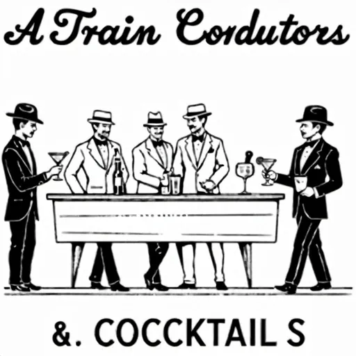 Prompt: a train conductor shaking a cocktail shaker in front of his train