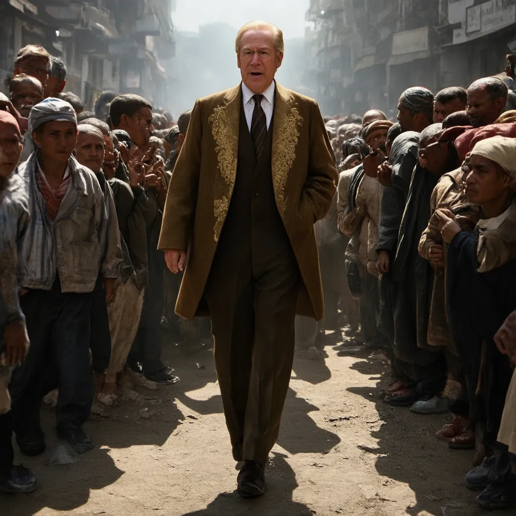 Prompt: (realist depiction), a wealthy man with a smug expression, dressed in opulent attire, walking arrogantly over a crowd of noticeably poor individuals, emotions of despair and helplessness on their faces, (dramatic natural lighting), gritty surroundings highlighting socioeconomic disparity, atmosphere feels heavy and tense, ultra-detailed, high-quality, evocative imagery capturing the powerful versus the powerless.