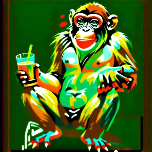 Prompt: a monkey sitting on a tree branch with its hands on the branch and a black background with green leaves, Alex Petruk APe, primitivism, animal photography, a computer rendering