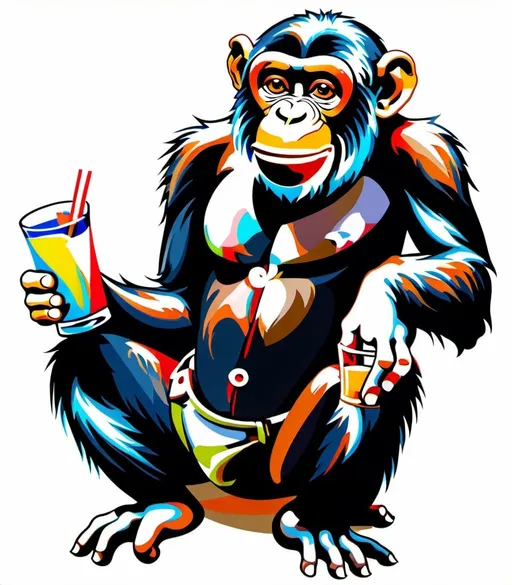Prompt: A chimpanzee is smoking a cigar and holding a large scotch whiskey cocktail.  Show full body of cartoon chimpanzee.Wearing swim trunks
