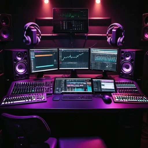 Prompt: A desktop wallpaper of an online radio DJ desk. In the foreground, we see a stylish pair of headphones resting atop a microphone on a boom arm, both illuminated by multiple monitors and the lights of the equipment. The microphone is poised for action, while the headphones exude a sense of anticipation, hinting at the music and voices soon to fill the airwaves.

Behind these iconic DJing tools lies a studio environment, complete with state-of-the-art soundboards, mixing consoles, and various audio equipment. The studio space is dark, and lit by the monitors and lights of the buttons adorning the laptop and equipment.

This image captures the essence of radio DJing, blending elements of technology, creativity, and goth with "DJ Xanthus" written on the wall