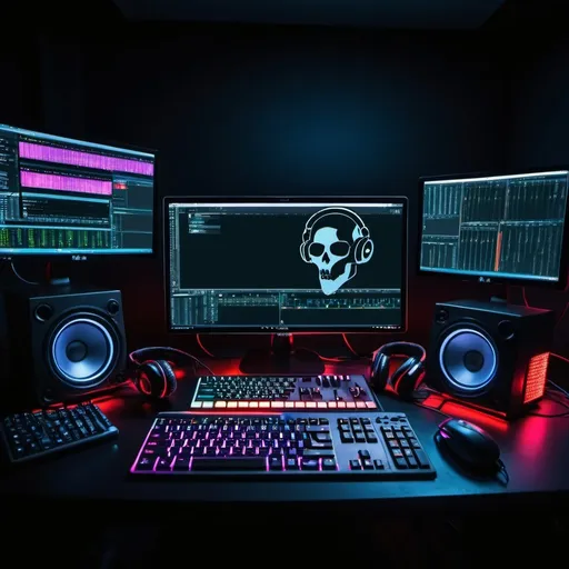 Prompt: A desktop wallpaper of an online radio DJ desk. In the foreground, we see a stylish pair of headphones resting atop a microphone on a boom arm, both illuminated by multiple monitors and the lights of the equipment. The microphone is poised for action, while the headphones exude a sense of anticipation, hinting at the music and voices soon to fill the airwaves.

Behind these iconic DJing tools lies a studio environment, complete with state-of-the-art soundboards, mixing consoles, and various audio equipment. The studio space is dark, and lit by the monitors and lights of the buttons adorning the laptop and equipment.

This image captures the essence of radio DJing, blending elements of technology, creativity, and goth with "DJ Xanthus" written on the wall