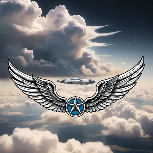 Prompt: Draw me a tattoo of commercial pilot wings with clouds as a backdrop 