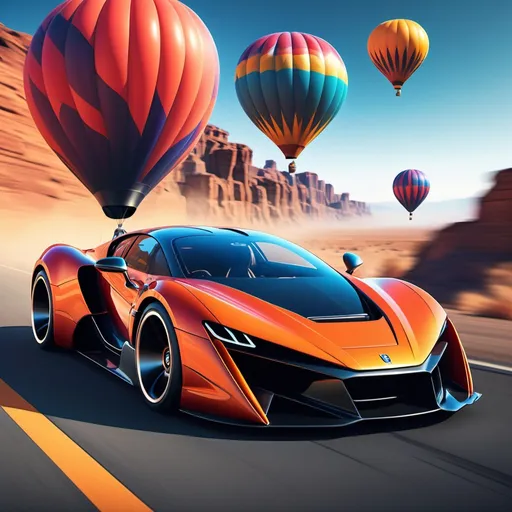 Prompt: A supercar (featured prominently), unique balloon tires, sleek aerodynamic design, vibrant color scheme, dynamic angles, high-speed effect, breathtaking scenery in motion, ultra-detailed visuals, dramatic lighting, bold and vivid background, energetic ambiance, realistic rendering, high quality, surreal and imaginative elements.