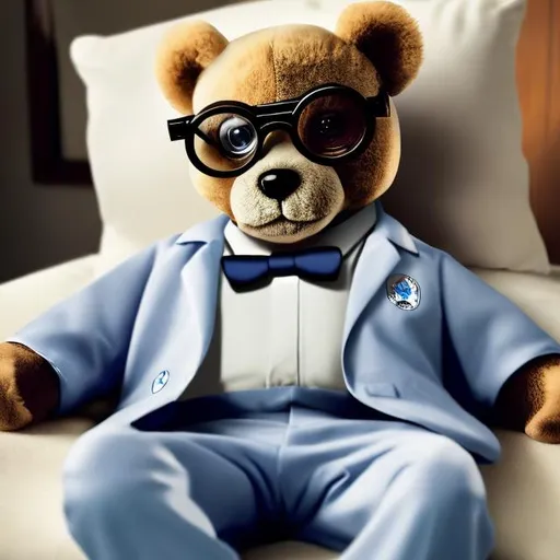 Prompt: scientist teddy bear lying down in a suit looking intelligent