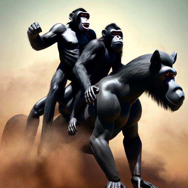 Prompt: Big black monkey riding a horse with a man on top screaming