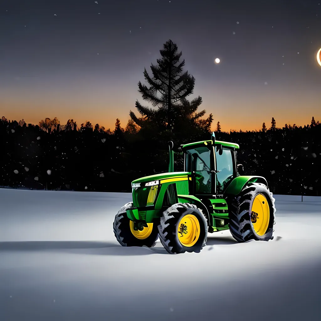 Prompt: A John Deere tractor , seen from the front in the evening in a snowy landscape, moon in the sky. The tractor wears a big christmas hat on the roof.