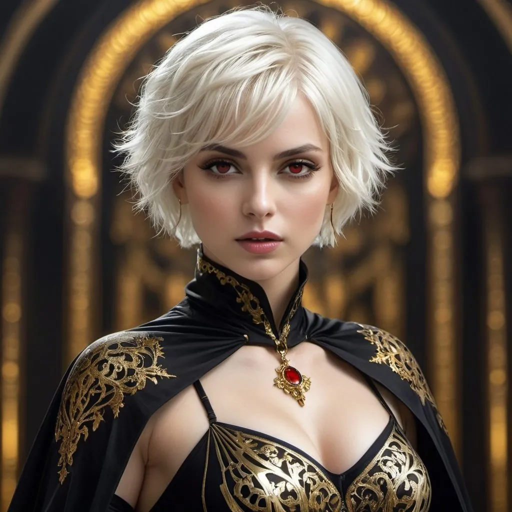 Prompt: Woman with white skin, red eyes, short white hair, black complex facial lines, black bodysuit with golden ornaments, black cape with golden patterns, gothic background, muted colors, Studio Quality, 4k resolution, detailed shading, digital texture painting, cinematic lighting, directed by Alex Ross and Luis Royo and Olivia De Berardinis, lora:add_detail:0.25, toa, toaair, 1girl