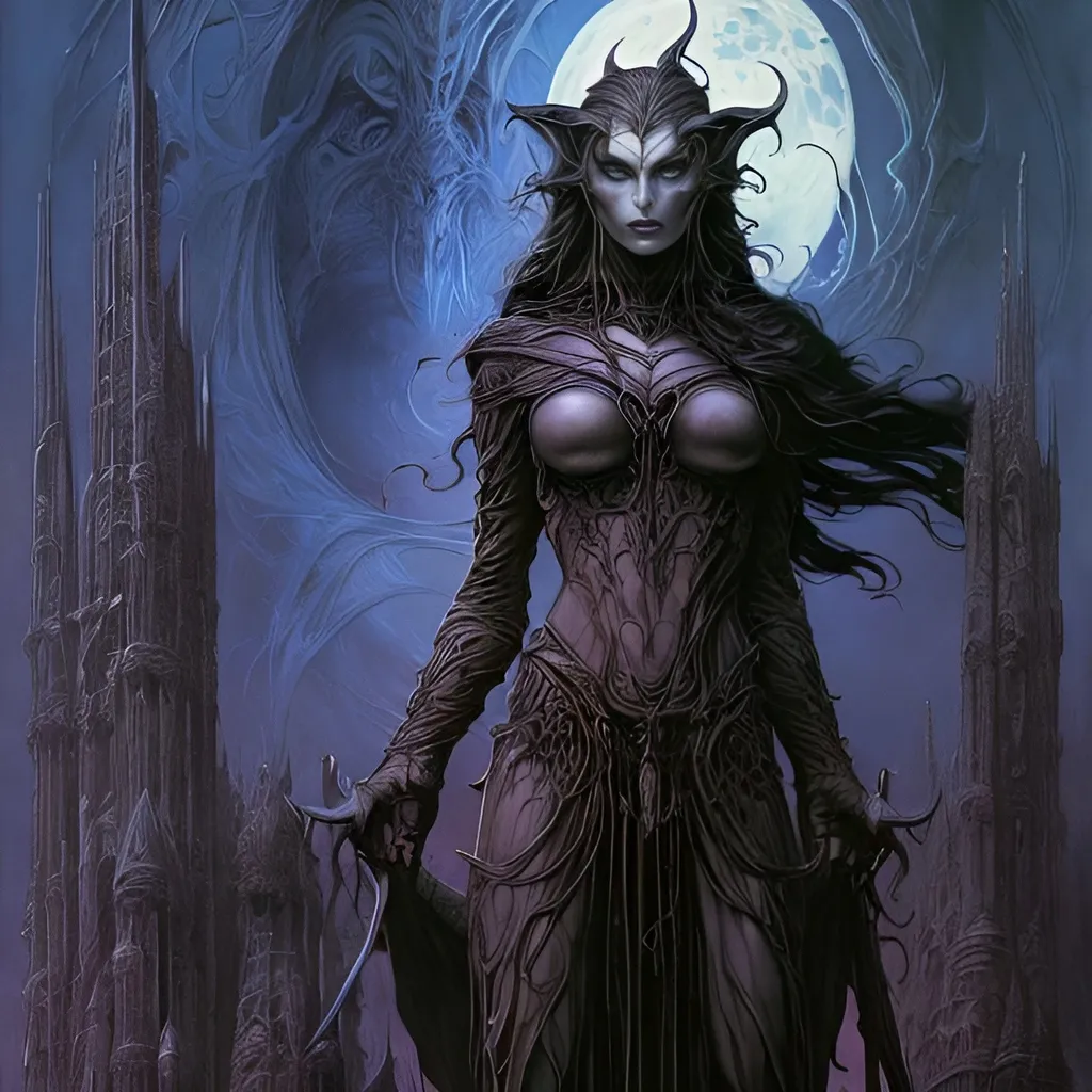 Prompt: A woman with RNA and a full moon in the background, Art of Brom poster art, Gothic art, Giger portrait of the Dragon Queen, symmetrical epic fantasy art, Jean Delville and Mark Brooks by Tolkien, art by Jean-Baptiste Monge, Lord of the Rings,  Fantasy land, elf, hobbit, dwarves, muted colors, ultra detailed, ultra realistic, cinematic, sharp focus