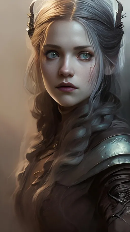 Prompt: a woman with long white hair and RNS, concept art Bastien Lecouffe-Deharme, gothic art, dark fantasy art, dark fantasy horror art, dark fantasy artwork portrait of anime (((woman))) cute-  fine face, brown-red hair pretty face, realistically shaded perfect face, fine details.  anime.  Game of Thrones Realistic Shaded Lighting by Ilya Kuvshinov Ghost-in-the-Shell, Artgerm, Rutkowski, Wlop Jeremy Lipkin and Michael Garmash and Rob Rey