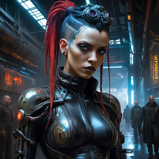 Prompt: Artistic fusion of Enki Bilal and Suzanne Gildert, gothic and sci-fi, cyberpunk, horror, expressive stylized figures, bright color accents, dark futuristic atmosphere, highly detailed digital painting, cinematic, 4k resolution, intense lighting, dramatic composition