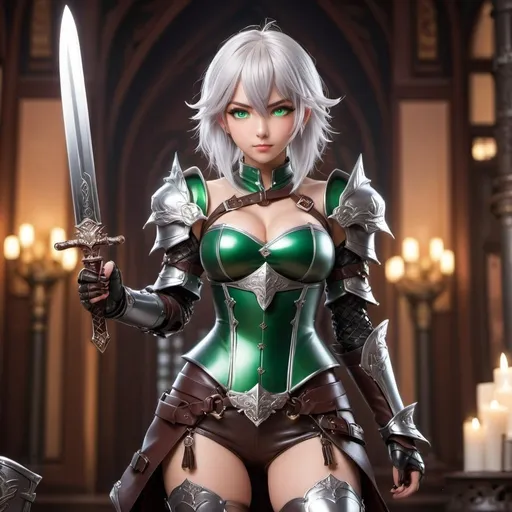 Prompt: Cute anime beast girl with reddish brown skin, green eyes, white hair, complex tattoos on her skin, wears knee-length pants with leather boots, a suit of armor made of leather, holds an ornate knife in her hands, realistic anime style, detailed shading, dynamic lighting, fantasy setting, character design by Sakimichan and Artgerm, 4k resolution, cinematic