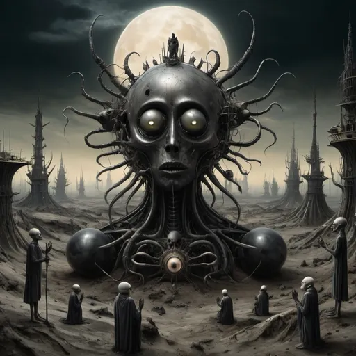 Prompt: grotesque bio-mechanical beings float over a dystopian and twisted landscape, absurd humanoid beings looking up and praying to them, a black sun shines in the sky, surreal painting in the style of Hieronymus Bosch, Noddegamra, and H.R.Giger, highly detailed, dark atmosphere, intricate textures, cinematic lighting, masterpiece digital art, 8k resolution