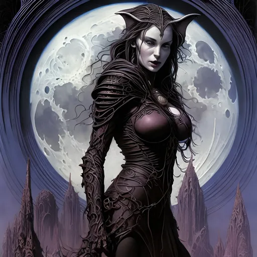 Prompt: A woman with RNA and a full moon in the background, Art of Brom poster art, Gothic art, Giger portrait of the Dragon Queen, symmetrical epic fantasy art, Jean Delville and Mark Brooks by Tolkien, art by Jean-Baptiste Monge, Lord of the Rings,  Fantasy land, elf, hobbit, dwarves, muted colors, ultra detailed, ultra realistic, cinematic, sharp focus