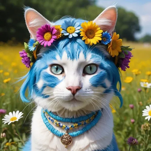 Prompt: make a realistic cat. Put her in flowery hippy clothes and a hippy headband. Put her in a field of flowers. Put a flower headband on her. Make her have bright blue human hair only on top of her head, under the headband.