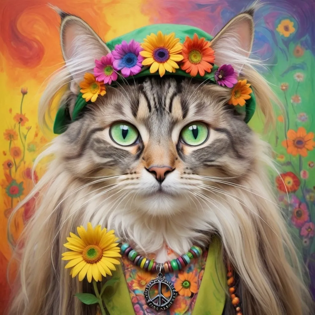 Prompt: create young-looking, green-eyed cat, flower-band wearing, hippy-looking, long-haired cat wearing hippy clothes with psychedelic colors, in a Edvard Munch painting style, more realistic flowers, add peace sign necklace to the cat
