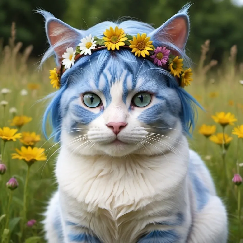 Prompt: make a realistic cat that looks like a hippy. Put her in a meadow. Put a flower headband on the kitty. Make her have blue human hair. That is is her only human quality