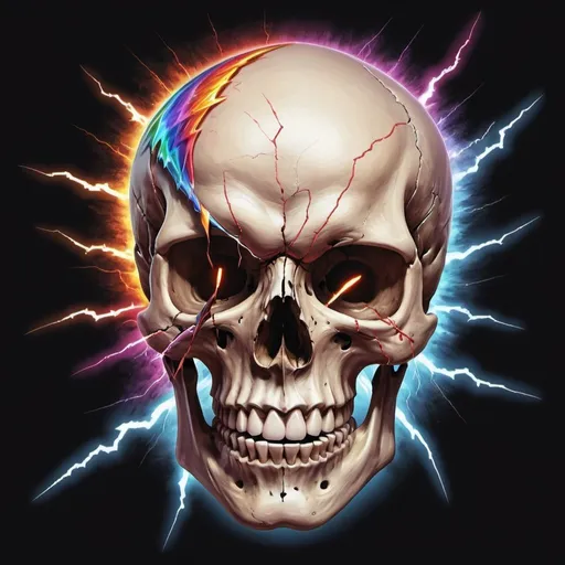 Prompt: create an image of a skill with a swirling lighting bolt around the right eye socket which is empty (except for the lightning bolt. The other eye is normal. The rest of the skull is colorful, but the image depicts pain and suffering