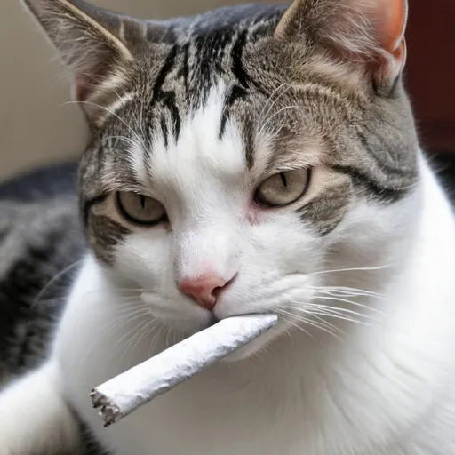 Prompt: tabby cat smoking a big fat white-colored marijuana joint. The joint has all-white paper. The joint right next to the cat's mouth

