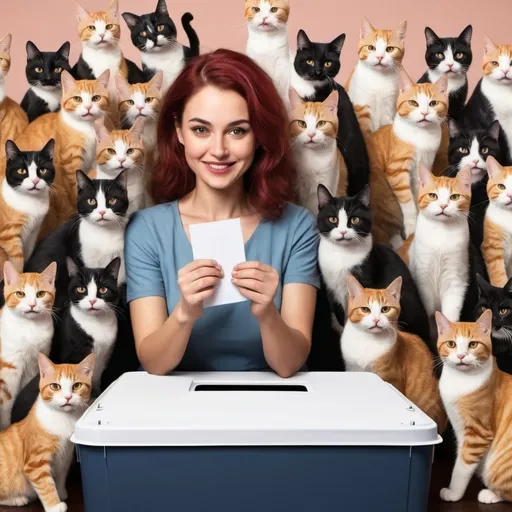 Prompt: create  an image of a woman with a lot of cats voting at an election
