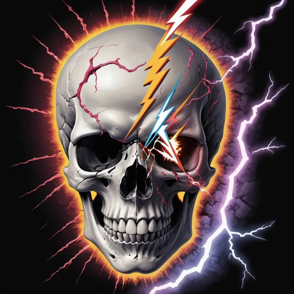 Prompt: create an image of a skill with a swirling lighting bolt around the right eye socket which is empty (except for the lightning bolt. The other eye is normal. The rest of the skull is colorful, but the image depicts pain and suffering