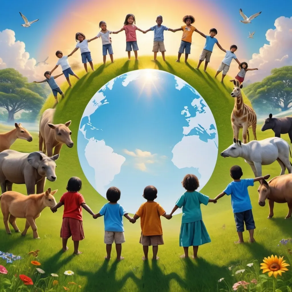 Prompt: create a symbol of global diversity and peace using animals and children of many races