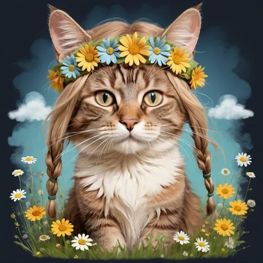 Prompt: Make a hippie cat that is wearing flowery clothing. Have the cat smoke a joint with smoke trails in the sky. Make the cat have brown, flowing hair with a flowery, hippy headband. Have the kitty in a meadow with flowers. Make the image in painterly but cartoonish style.