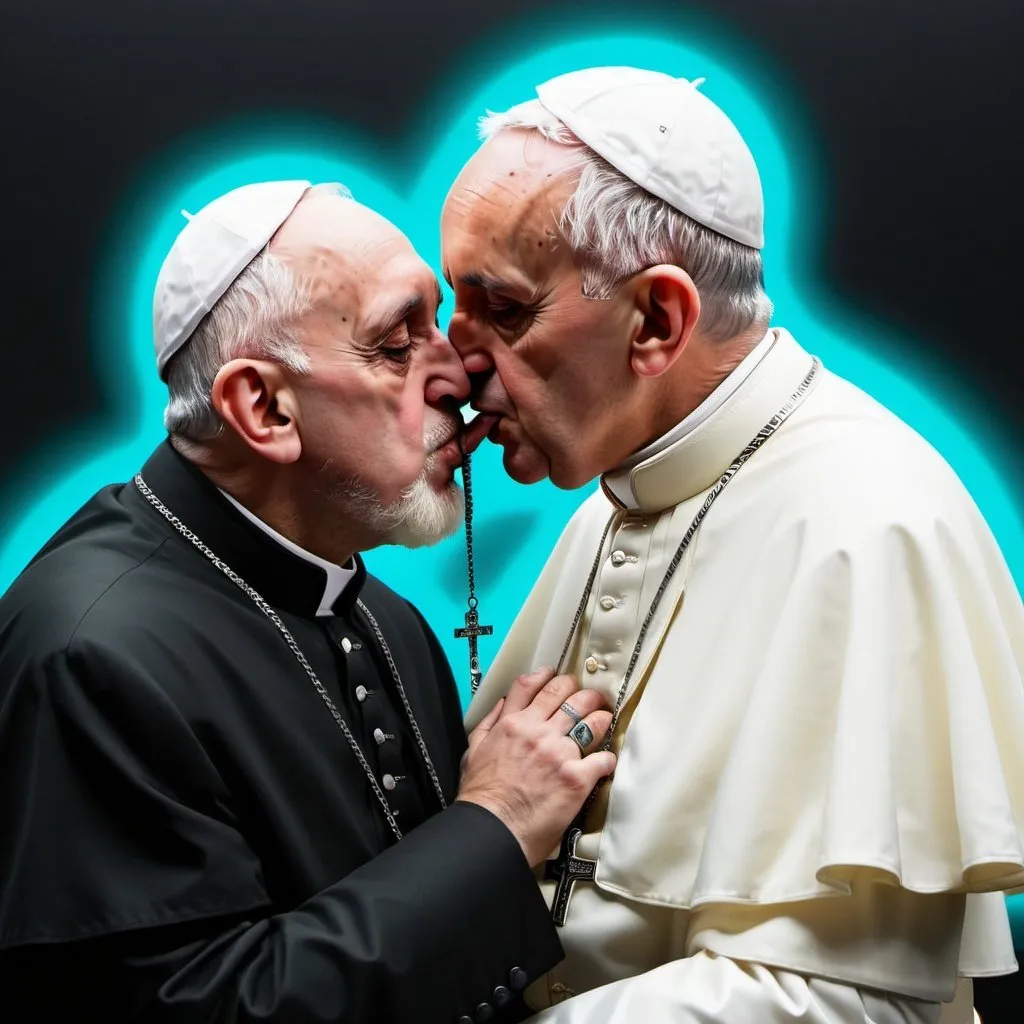 Prompt: the pope kisses a jew, neon color, darkside, super realistic, fullbody, detailism, Cyber Punk,