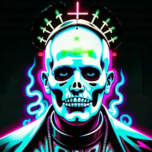 Prompt: The pope as skeleton, Smoking Weed, neon colors, darkside, super realistic, fullbody, detailism, Cyber Punk,