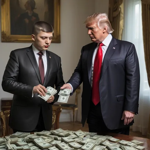 Prompt: Donald Trump is collecting money from Volodymyr Oleksandrovyč Zelensʹkyj, detailed clothing, realistic, natural lighting