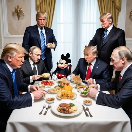 Prompt: Donald Trump, Vladimir Putin, Mickey Mouse and Adolf Hitler are eating at on Table together, detailed clothing, realistic, natural lighting
