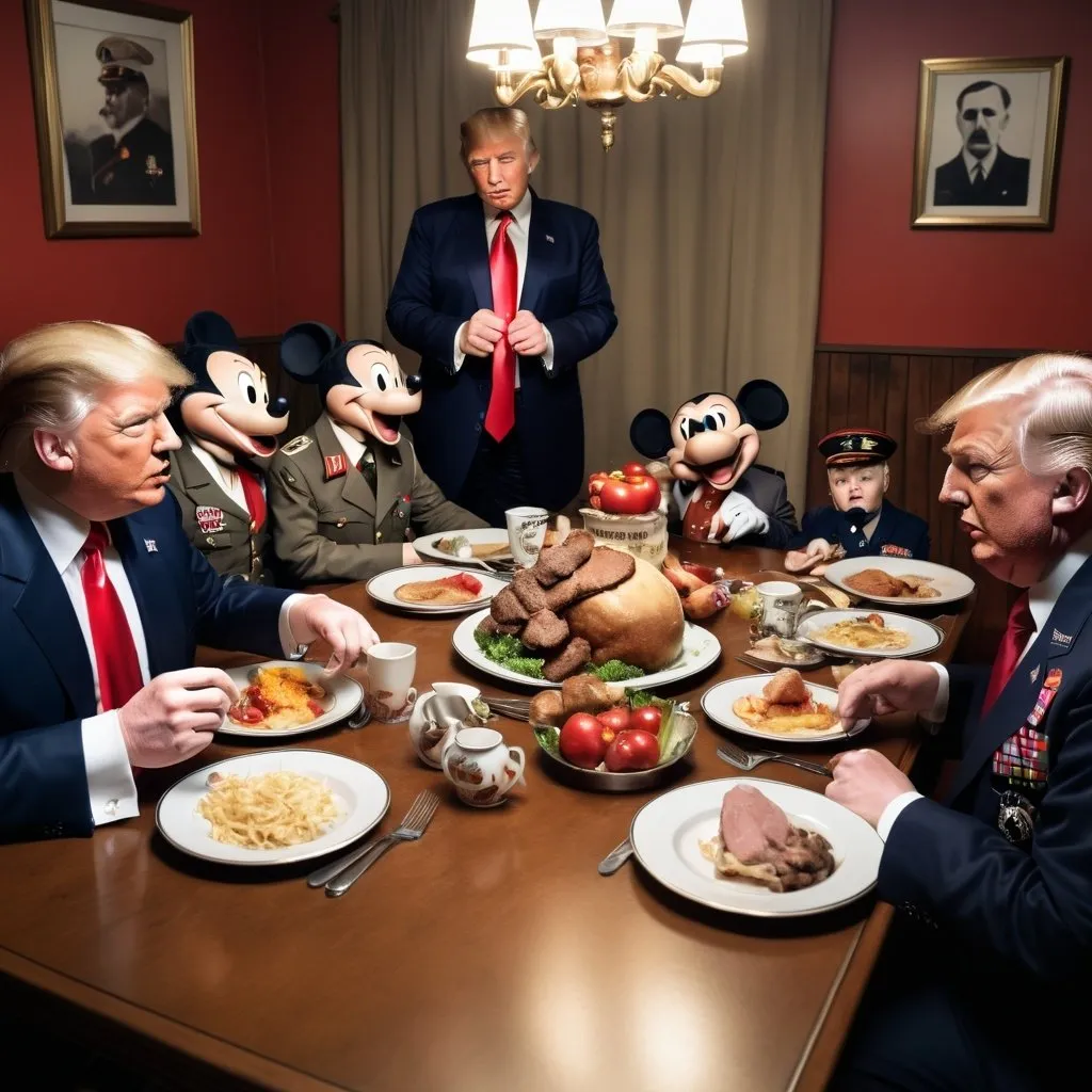 Prompt: Donald Trump, Osama Bin Laden, Mickey Mouse and Adolf Hitler are eating at on Table together, detailed clothing, realistic, natural lighting