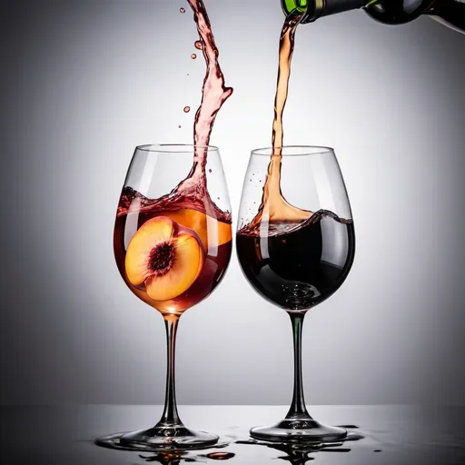 Prompt: The image shows two wine glasses clinking together, one filled with peach wine and the other with black wine. The liquids are dramatically splashing out of the glasses, creating an elegant and dynamic design.